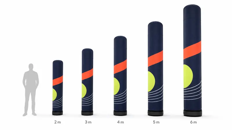 Inflatable columns from 6.5 to 20 ft compared with a human silhouette